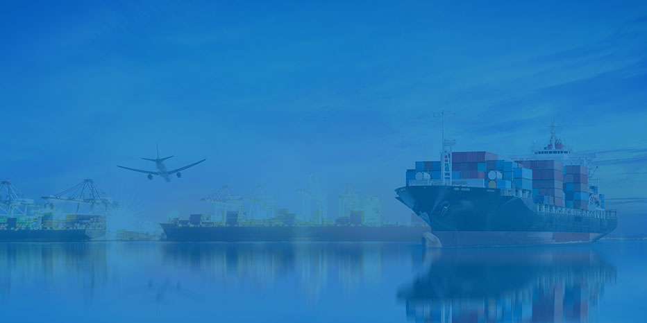 A cargo ship loaded with containers sails near a port with cranes, while an airplane flies overhead in a blue-toned scene.